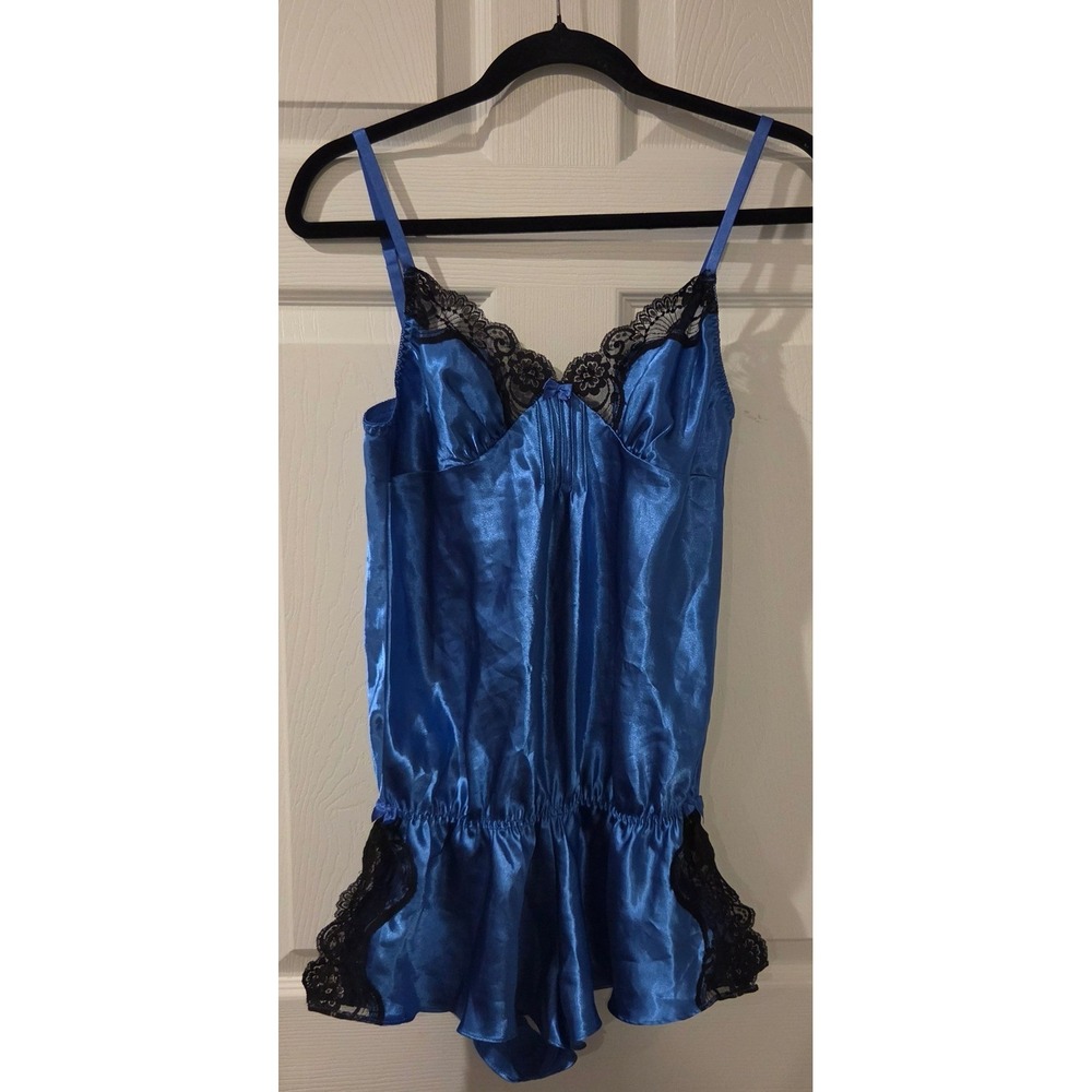 Frederick's Hollywood Blue Satin Teddy Romper M Black Lace Lingerie Tap Shorts